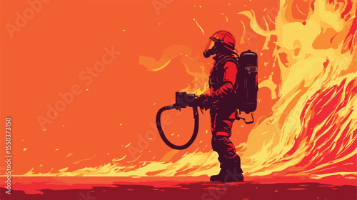 Female Firefighter Extinguishing Fire Vector Illustration