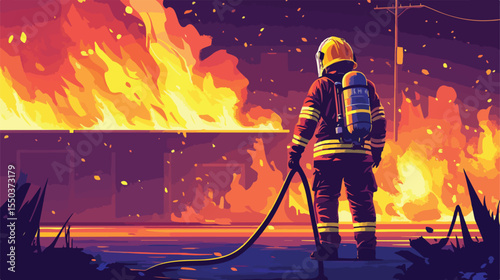 Professional Firefighter Extinguishing Fire Flat Vector Illustration