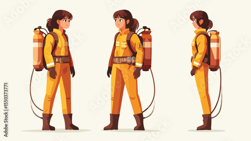 Professional Female Firefighter with Extinguisher Flat Vector Illustration