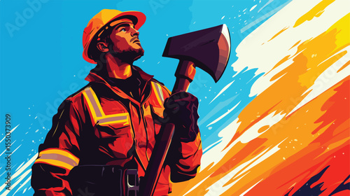 Professional Firefighter Working with Axe - Flat Vector Illustration