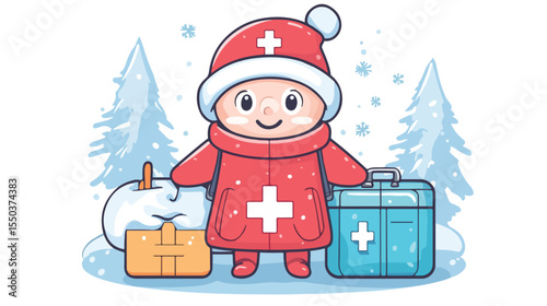 Winter Cartoon Character with First Aid Kit, Cold Weather Medical Supplies