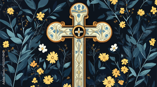 First Communion Catholic Cross Flat Vector Illustration