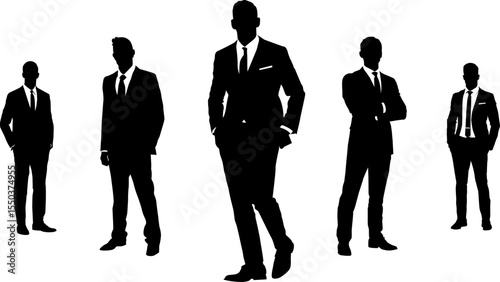 vector silhouette of a group of businessmen, Businessmen silhouettes, Corporate Figures, Professional Outlines, Boss, Sales Manager, Teamwork, collaboration