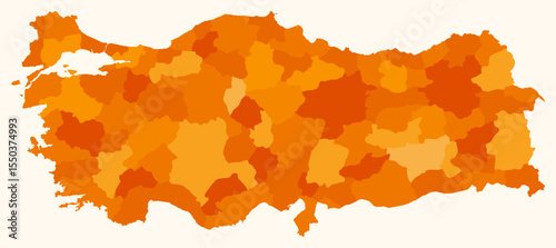 Map of Turkey with regions. Just a simple country border map with region division. Orange color palette. Plain Turkey shape with administrative division. Vector illustration.