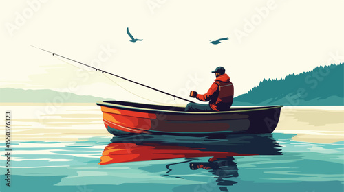 Fishing Man with Rod on a Boat - Flat Vector Illustration