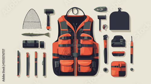 Fishing Vest Equipment Flat Vector Illustration