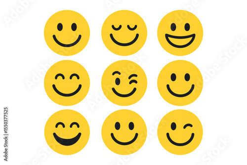 Collection of Diverse Happy Smiley Faces  Yellow Emoticons, Positive Expressions, and Cheerful Icons