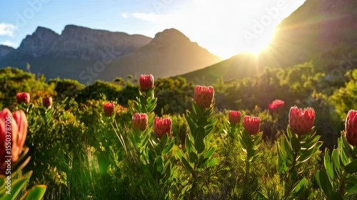 Field of vibrant red protea flowers blooming at sunrise, picturesque mountain range backdrop, bright sunshine illuminating the landscape, lush green foliage