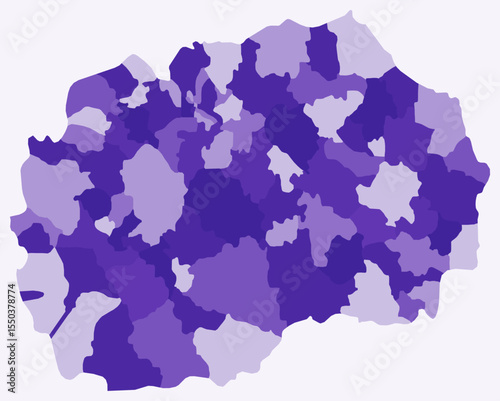 Map of North Macedonia with regions. Just a simple country border map with region division. Deep purple color palette. Blank North Macedonia shape with administrative division. Vector illustration.