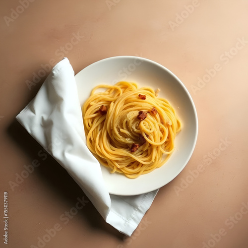 A neatly folded napkin covering a plate of untouched pasta, with steam rising faintly to suggest it was never eaten