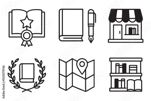 Award-Winning Book Icons Bookstore, Library, Reading, and Literature Vector Illustrations