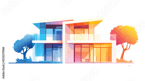 Modern Flat Vector Design of Orange and Blue Color House on White Background