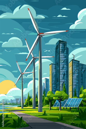 Sustainable Cityscape with Wind Turbines and Solar Panels