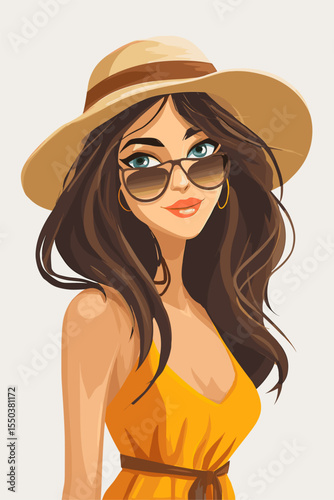 Stylish Young Woman in Sunglasses and Summer Hat