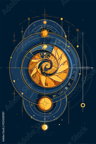 Abstract Nautilus Pattern with Golden Spiral on Dark Background