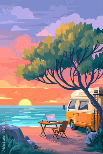 Serene Sunset with Camper Van: Ideal for Remote Work and Adventure