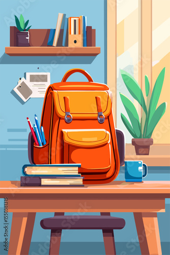 Colorful Study Space with an Orange Backpack and Books on a Desk