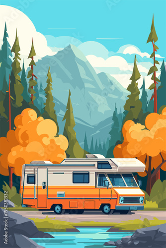 Colorful Retro RV Camper in a Lush Mountain Landscape