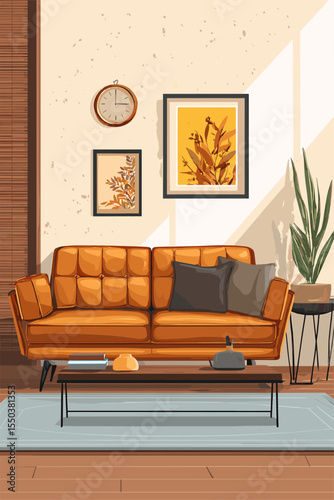 Stylish Modern Living Room with Cozy Orange Sofa and Natural Decor