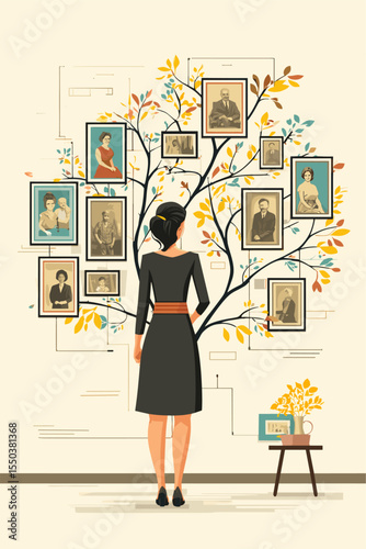 Woman Admiring Family Tree of Vintage Portraits on Wall