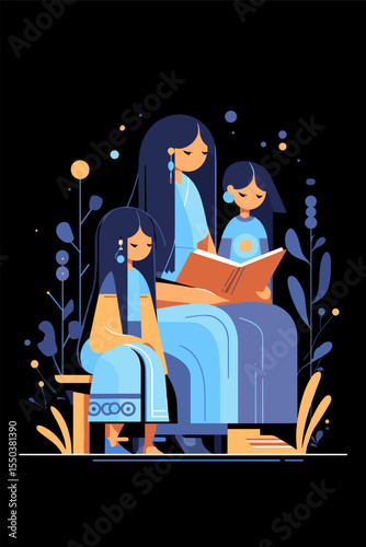 A Heartwarming Illustration of a Mother Reading to Her Daughters in a Cozy Setting