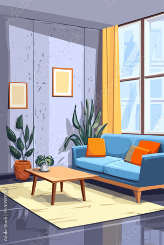 Stylish Modern Living Room Interior with Plants and Colorful Decor