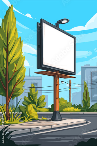 Blank Billboard in a Urban Landscape with Lush Green Trees