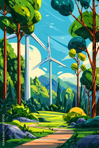 Vibrant Nature Scene with Wind Turbines in a Lush Forest Setting