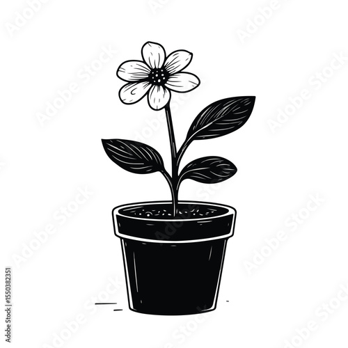 Charming Flower Pot Cartoon Vector and Illustration in Black