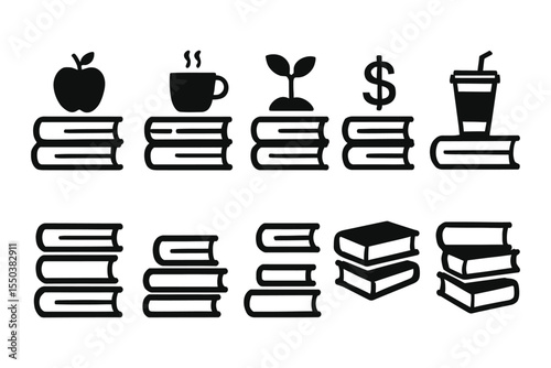 Stack of Books Icons Education, Growth, Finance, and Knowledge Symbols