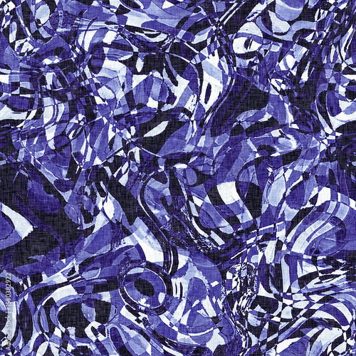Dye wash indigo blue textur fabric effect background, Seamless glitch patched pattern in masculine Japanese block print style. 
