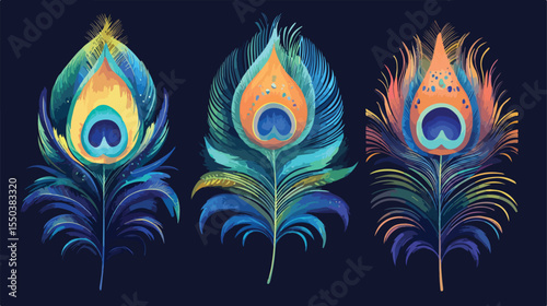 Exquisite Flute with Colorful Peacock Feathers Flat Vector Illustration