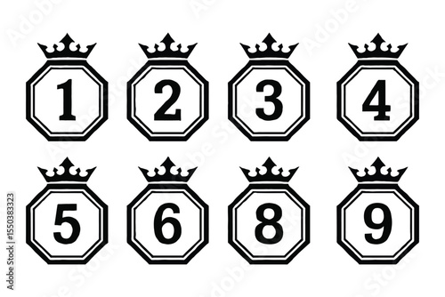 Royal Number Badges Elegant Octagon Crown Designs, Premium Numbered Labels, Vector Set of 1-9
