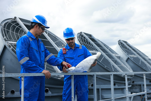 Mechanical engineer or Industrial technician with mechanic suit working with drawing at Cooling tower of factory