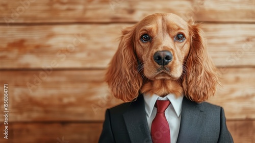 A charming dog dressed in a suit poses against a wooden backdrop, exuding a blend of cuteness and sophistication that captures the heart and showcases unique character.