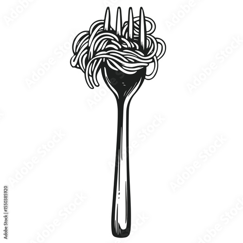 Fork and Noodle Cartoon Vector Illustration in Black