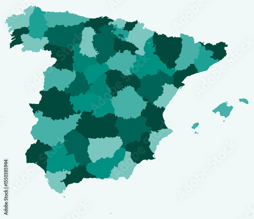 Map of Spain with regions. Just a simple country border map with region division. Teal color palette. Flat Spain shape with administrative division. Vector illustration.