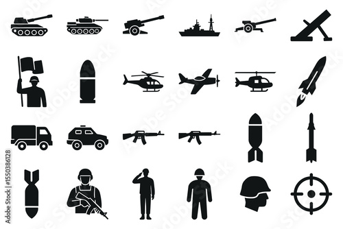 Military Silhouette Icon Set, War Weapons, Soldiers, Tanks, Missiles, Helicopters, Vector Pack