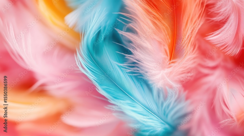 Obraz premium A stunning array of colorful feathers creates a delightful abstract texture, revealing the beauty of nature's design through vibrant hues and soft details.