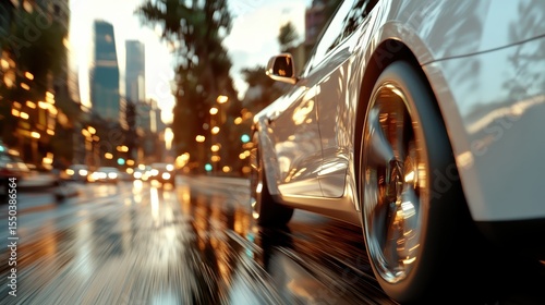 A shiny sports car speeds past the cityscape, creating a dynamic blur that captures the thrill of urban driving during sunset, with reflections enhancing the atmosphere.