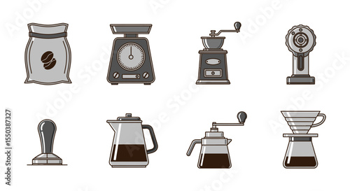 Coffee Brewing Equipment Icons Grinder, Scale, Pour Over