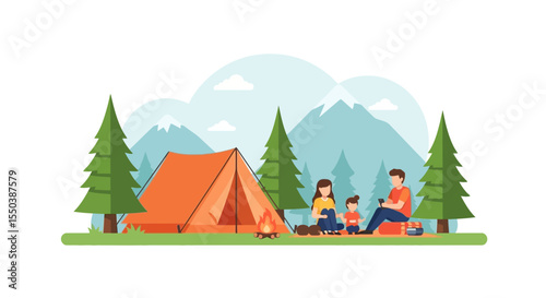 Happy Family Camping Adventure in Majestic Mountains