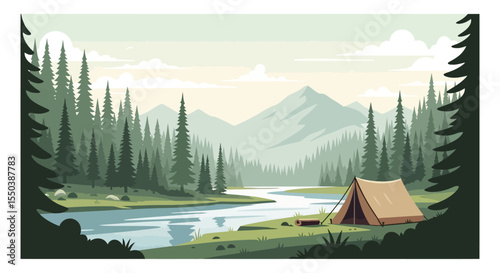 Serene Camping Scene River, Mountains, and Forest Illustration