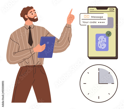 Businessman gesturing towards phone with code message, fingerprint icon, and clock. Ideal for cybersecurity, digital security, verification, authentication, privacy time management personal data. A