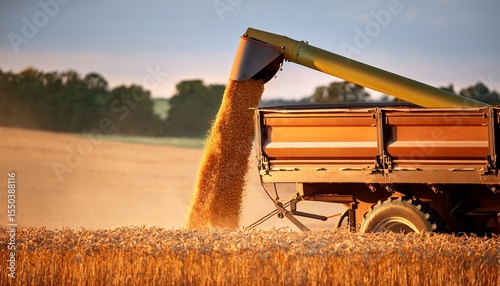 a combine s auger unloads wheat into a tractor cart on a farm