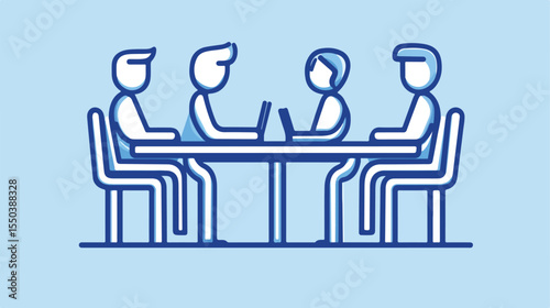 Four Workers Seated at Table Coworking Line Style
