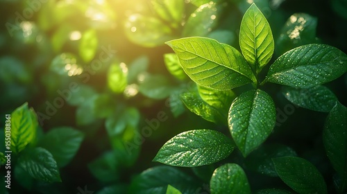 Lush green leaves glistening in sunlight, showcasing nature's beauty and freshness. Ideal for themes of growth, vitality, and tranquility.