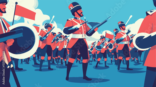 French Drummer Marching Flat Vector Illustration