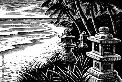 Calm beach in Okinawa, Japan, with stone lanterns, tropical trees, and soft waves, a black and white sketch vector hand drawn