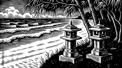 Calm beach in Okinawa, Japan, with stone lanterns, tropical trees, and soft waves, a black and white sketch vector hand drawn